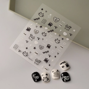 Autocollants à ongles chats noir et blanc avec cœurs et étoiles, modèle FEB-815
