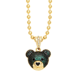 Detail of gold bead chain with cute bear pendant featuring green and black pave zircons