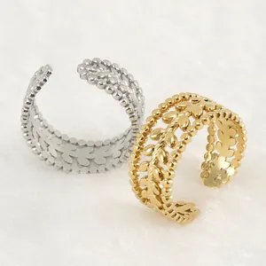 French vintage hollow leaf adjustable open ring in 18K gold and silver plated steel