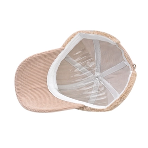 Detailed top view showing corduroy brim and fleece crown of the khaki baseball cap