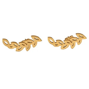 Elegant gold leaf ear climbers with minimalist stainless steel olive branch design