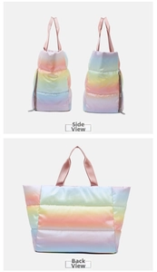 Detailed side and back view of rainbow gradient quilted fitness bag with waterproof fabric