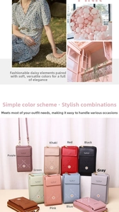 Detailed view of multi-color vertical crossbody phone bags with elegant daisy embroidery