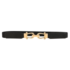 Minimalist elastic waist belt with gold horseshoe buckle and PU leather stitching detail