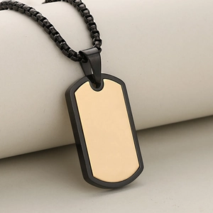 Men's dog tag necklace with black box chain and golden stainless steel center plate