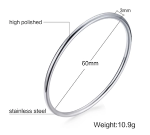 Polished 3mm stainless steel bangle details with 60mm inner diameter and 10.9g weight