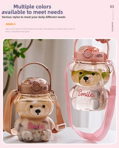 Detail of cute bear-shaped water bottles with straw, pop-up lids and adjustable straps
