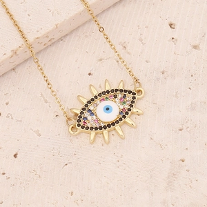 Golden Evil Eye pendant necklace with colorful micro-inlaid stones on natural stone base