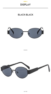 Detail of oval metal sunglasses with black frames and lenses from front and side views