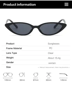 Detailed size chart for retro cat eye sunglasses showing frame width and lens dimensions