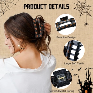 Detail of Halloween hair claw with pumpkin pattern, strong metal spring and flexible teeth