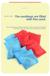 Detail of red and blue sandbags with durable fabric and reinforced stitching for games