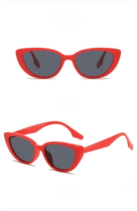 Detailed front and side views of red cat-eye sunglasses with dark grey lenses