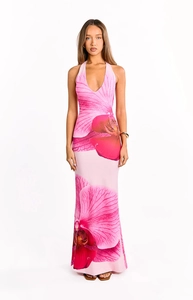 Detail of pink floral halter maxi dress with deep V-neck and vibrant orchid print