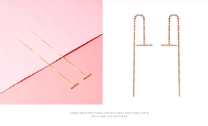 Macro detail of elegant rose gold S925 silver T-shaped fringe box chain long earrings