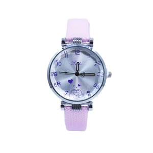 Montre femme avec bracelet en cuir lavande et cadran argenté à motif de cœur