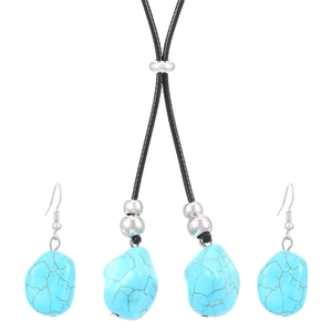 Ethnic geometric turquoise necklace and earrings set with black rope and silver beads