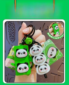 Detail of panda squishy keychain with green bamboo design and a small bell attachment