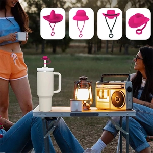 Pink silicone straw cover set with cute cowboy hat designs for tumblers and straw accessories