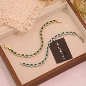 Elegant Emerald Green Zircon Bracelet Copper Gold Silver Plated Oval Gemstone Micro Pave Halo Jewelry For Women