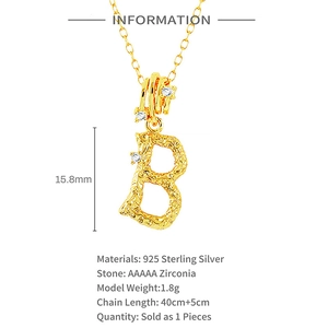 Macro detail of gold S925 silver letter B pendant featuring cubic zirconia and texture