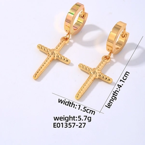 Detailed view of polished gold cross pendant earrings with precise dimensions 4.1cm by 1.5cm