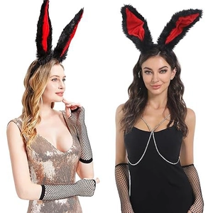 Detail of bunny ear headband with red satin lining, mesh gloves and rhinestone body chain