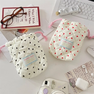 Quilted Heart Pattern Drawstring Storage Bag Shockproof Camera Pouch Travel Cosmetic Makeup Organizer Kawaii Aesthetic