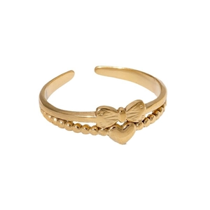 Gold double-layered open ring with bow tie and heart charm in stainless steel