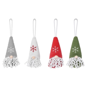 Set of four knitted Christmas gnome ornaments in red, green, grey, and white colors