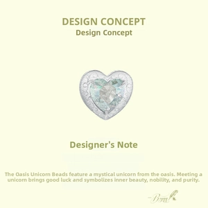 Macro detail of S925 sterling silver heart charm with green enamel unicorn pattern