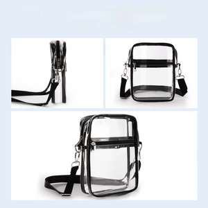 Detail view of transparent PVC crossbody bag with black trim and adjustable strap