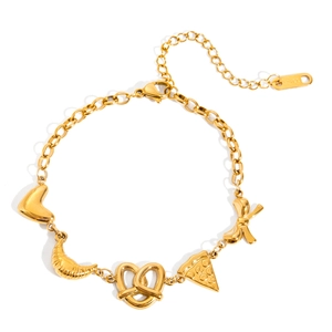 Gold stainless steel heart bracelet featuring creative croissant and pizza food charms