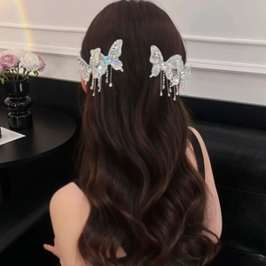 Butterfly Hair Clip Rhinestone Dangle Tassel Alloy Duckbill Barrettes Elegant Sparkly Party Headpiece For Women