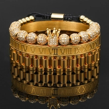 Set di tre bracciali hip hop dorati con ciondolo a corona e rigido con numeri romani