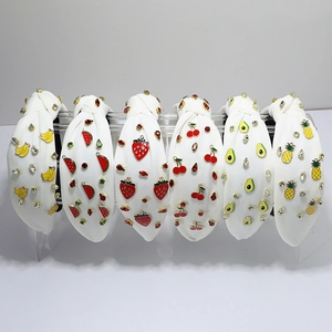 Lot de 6 bandeaux blancs noués avec motifs fruits en strass banane pastèque et cerise