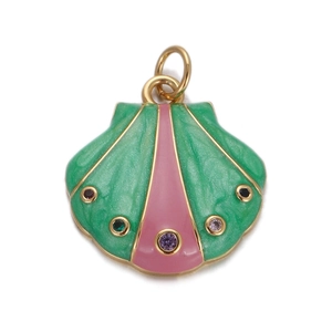 Detail view of shell-shaped gold pendant with colorful enamel and inlaid gemstones