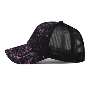 Cross ponytail baseball cap with purple splatter print and breathable black mesh