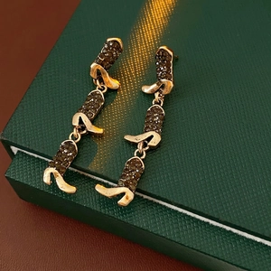 Copper Rhinestone Boot Dangle Earrings With Silver Earring Post Long Vintage Fashion Niche Jewelry For Women