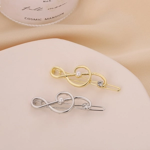 Fashionable gold and silver alloy music note hair clips with pearls and rhinestones