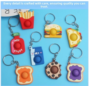 Set of 8 silicone food fidget keychains including burger, fries and milk carton