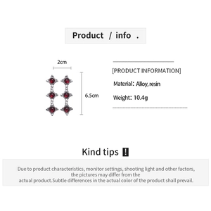 Detailed size specifications for ethnic resin geometric round earrings in red and silver