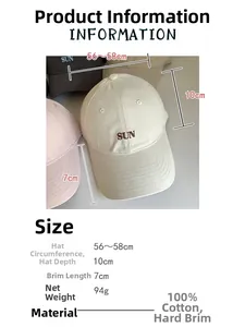 Detailed size specifications for the 100% cotton sun embroidery baseball cap