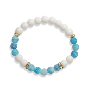 Elastic beaded bracelet with white natural stones, blue cracked agate, and gold spacers