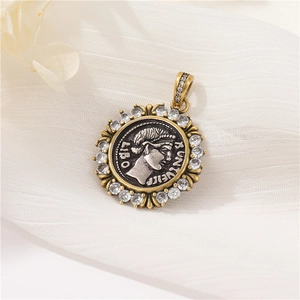 Vintage Roman portrait coin pendant in gold frame with sparkling zircon stones