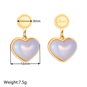 Golden heart drop earrings with Love engraved studs and 16mm pearlescent pendants