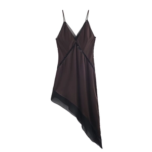Satin Midi Dress V Neck Lace Patchwork Asymmetric Hem Sleeveless Chocolate Brown Elegant Chic Women Slip Style