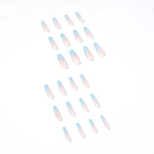 Blue marble wave pattern French press-on nails in long coffin shape with 24 pieces