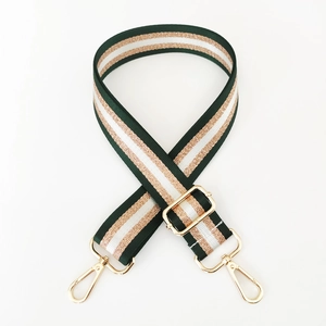 Macro shot of striped nylon bag strap with gold glitter thread and metal lobster clasps