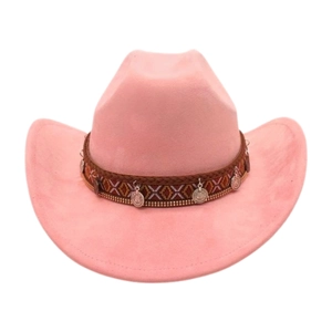 Detail of pink faux suede cowboy hat with ethnic braided band and metal pendants